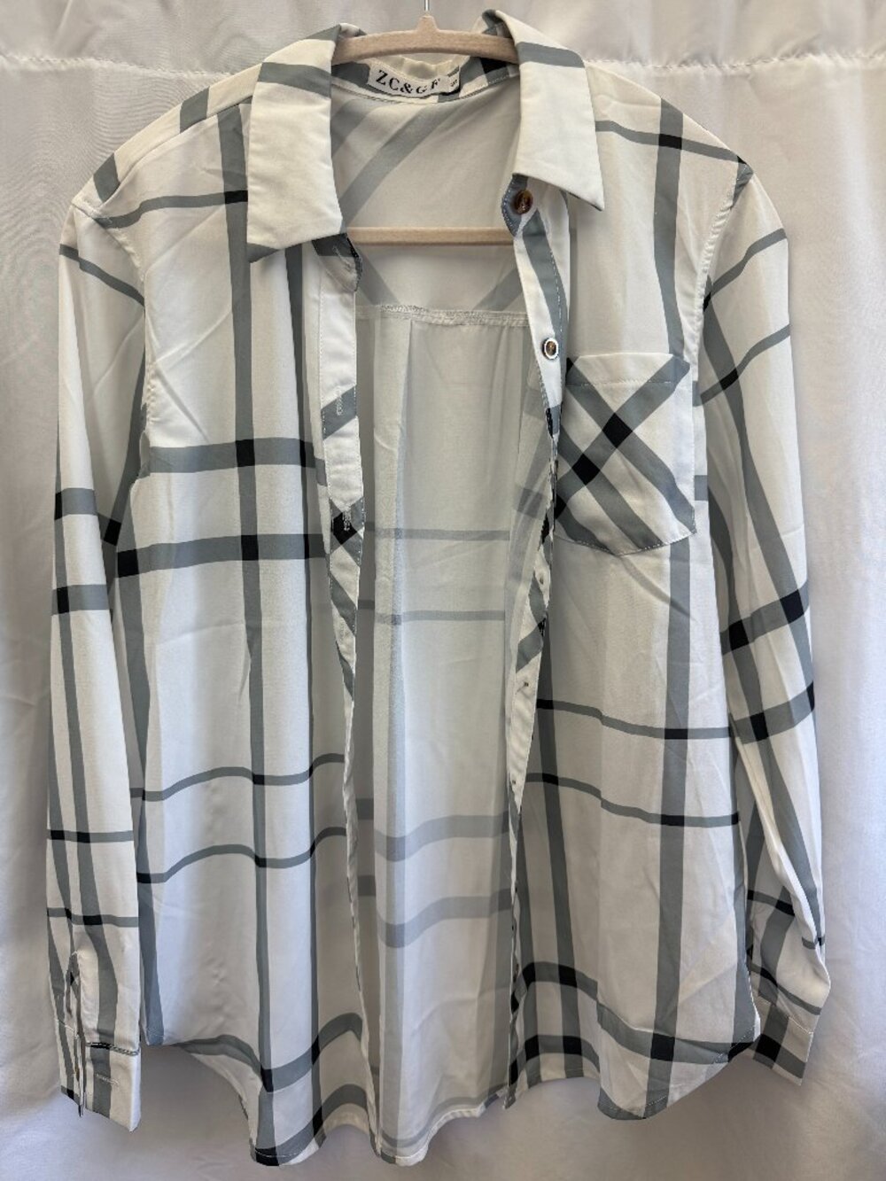 ZC&GF Womens Small White Black Plaid Button Down Blouse